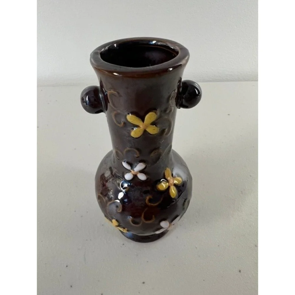 Vintage Made in Occupied Japan Miniature Bud Vase Brown‎ Moriage Floral 4 Inch